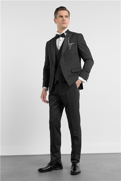 Siyah Kılıç Yaka Düz Desen 6 Drop Slim Fit Esnek Yelekli Damatlık Takım Elbise 1001260293