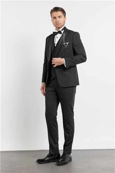 Siyah Kılıç Yaka Düz Desen 6 Drop Slim Fit Esnek Yelekli Damatlık Takım Elbise 1001260288