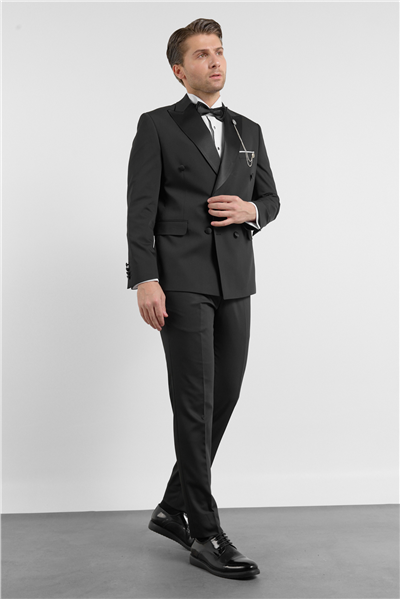 Siyah Kılıç Yaka Düz Desen 6 Drop Slim Fit Esnek Takım Elbise 1001260203