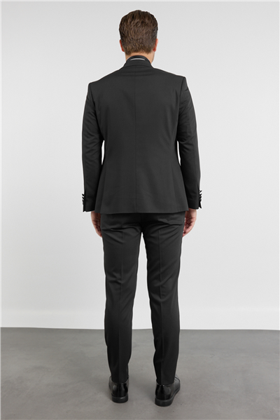 Siyah Kılıç Yaka Düz Desen 6 Drop Slim Fit Esnek Yelekli Damatlık Takım Elbise 1001260288