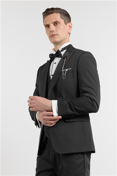Siyah Kılıç Yaka Düz Desen 6 Drop Slim Fit Esnek Yelekli Damatlık Takım Elbise 1001260293