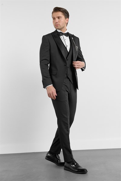 Siyah Kılıç Yaka Düz Desen 6 Drop Slim Fit Esnek Yelekli Damatlık Takım Elbise 1001260287