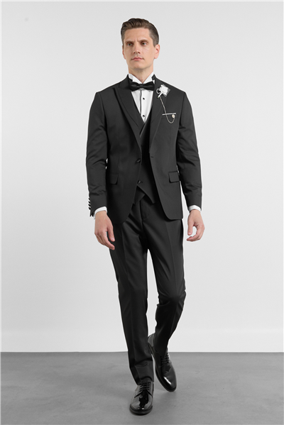 Siyah Kılıç Yaka Düz Desen 6 Drop Slim Fit Esnek Yelekli Damatlık Takım Elbise 1001260290
