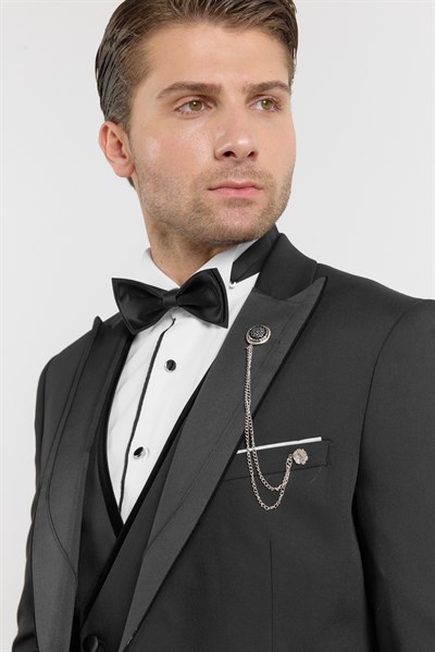 Siyah Kılıç Yaka Düz Desen 6 Drop Slim Fit Esnek Yelekli Damatlık Takım Elbise 1001260287