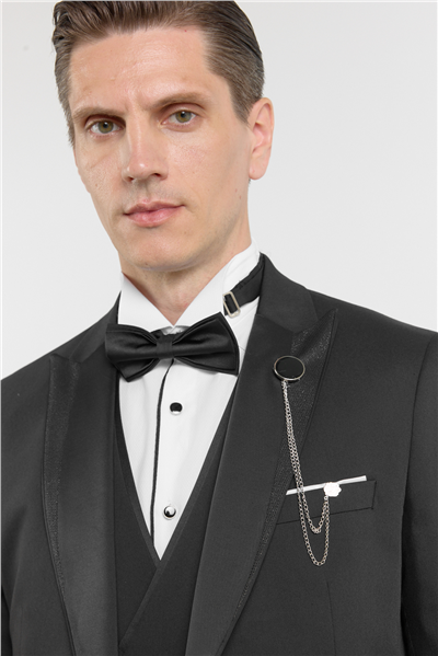 Siyah Kılıç Yaka Düz Desen 6 Drop Slim Fit Esnek Yelekli Damatlık Takım Elbise 1001260293