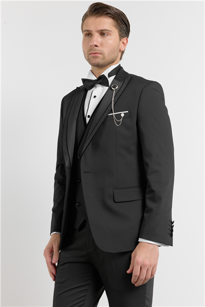 Siyah Kılıç Yaka Düz Desen 6 Drop Slim Fit Esnek Yelekli Damatlık Takım Elbise 1001260288