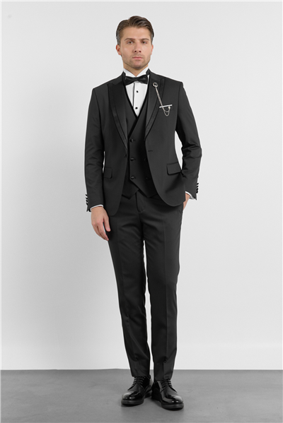 Siyah Kılıç Yaka Düz Desen 6 Drop Slim Fit Esnek Yelekli Damatlık Takım Elbise 1001260288