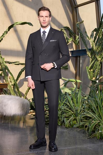 Siyah Kılıç Yaka Düz Kruvaze Classic Esnek Slim Fit Takım Elbise 1001250172