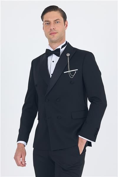 Siyah Kılıç Yaka Kruvaze Slim Fit Ceremony Takım Elbise 1001250203