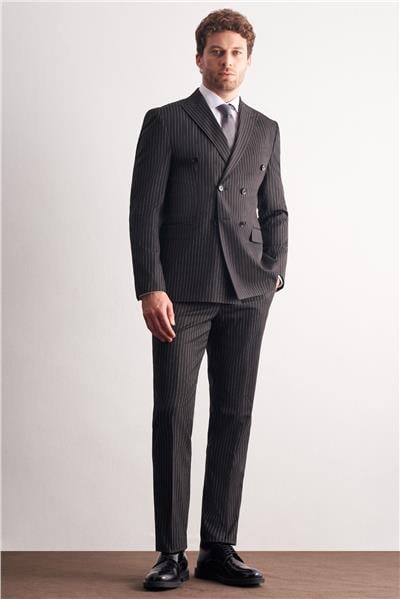 Siyah Kırlangıç Yaka Çizgili Kruvaze 6 Drop Slim Fit Tam Astar Esnek Takım Elbise 1001255153
