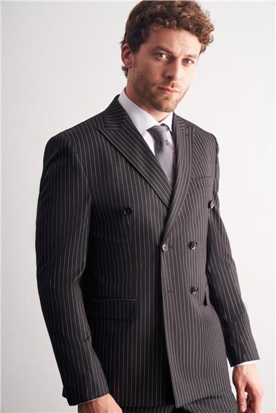 Siyah Kırlangıç Yaka Çizgili Kruvaze 6 Drop Slim Fit Tam Astar Esnek Takım Elbise 1001255153
