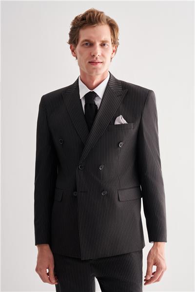 Siyah Kılıç Yaka Tam Astar 6 Drop Slim Fit Esnek Kruvaze  Takım Elbise 1001255152