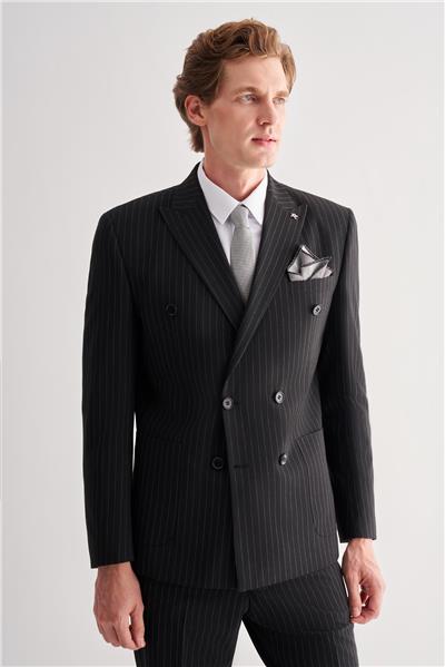 Siyah Kılıç Yaka Tam Astar 6 Drop Slim Fit Esnek Kruvaze  Takım Elbise 1001255154