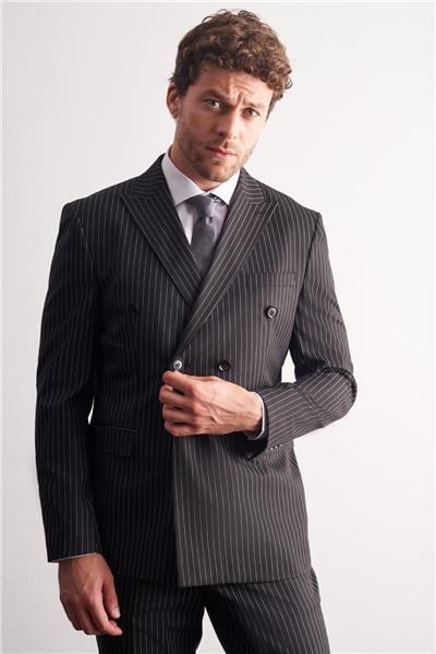 Siyah Kırlangıç Yaka Çizgili Kruvaze 6 Drop Slim Fit Tam Astar Esnek Takım Elbise 1001255153