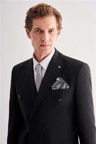 Siyah Kılıç Yaka Tam Astar 6 Drop Slim Fit Esnek Kruvaze  Takım Elbise 1001255154