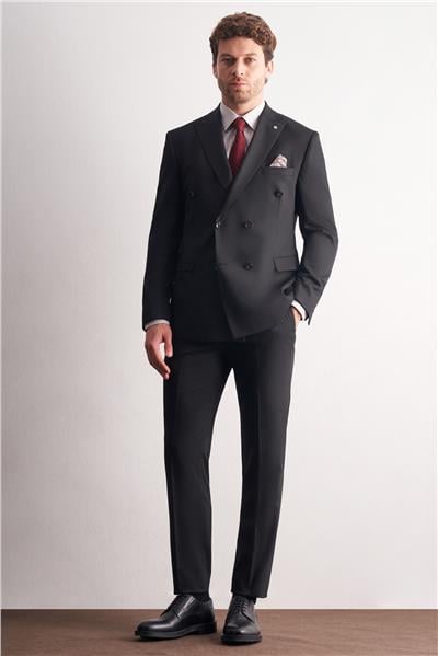 Siyah Kılıç Yaka Tam Astar 6 Drop Slim Fit Kruvaze Takım Elbise 1001255158