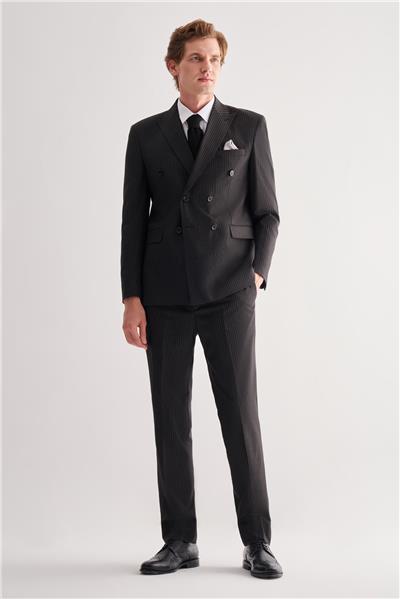 Siyah Kılıç Yaka Tam Astar 6 Drop Slim Fit Esnek Kruvaze  Takım Elbise 1001255152