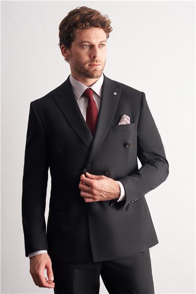 Siyah Kılıç Yaka Tam Astar 6 Drop Slim Fit Kruvaze Takım Elbise 1001255158