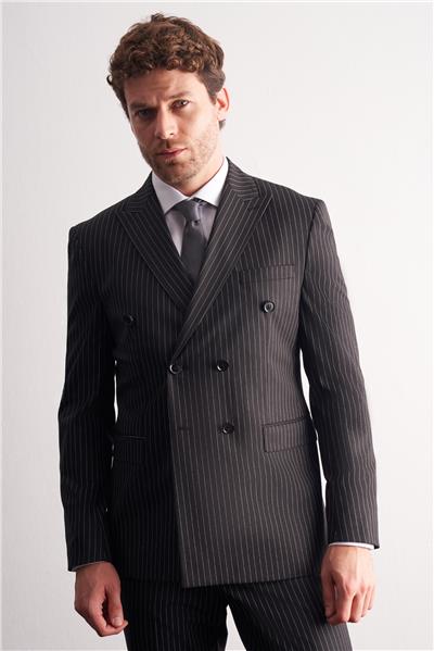 Siyah Kırlangıç Yaka Çizgili Kruvaze 6 Drop Slim Fit Tam Astar Esnek Takım Elbise 1001255153