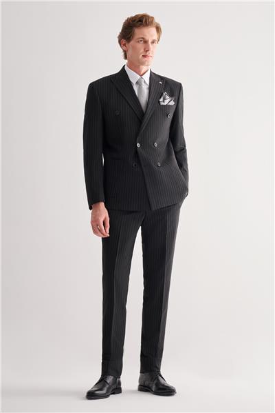 Siyah Kılıç Yaka Tam Astar 6 Drop Slim Fit Esnek Kruvaze  Takım Elbise 1001255154