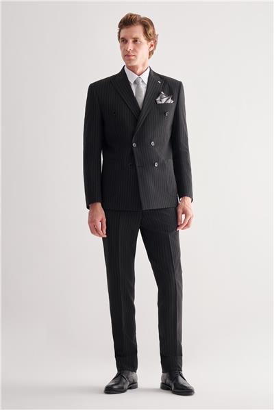 Siyah Kılıç Yaka Tam Astar 6 Drop Slim Fit Esnek Kruvaze  Takım Elbise 1001255154