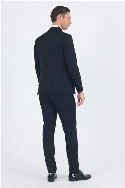 Siyah Kılıç Yaka Tek Düğme Slim Fit Yelekli Ceremony Takım Elbise 1001250200