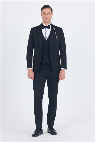 Siyah Kılıç Yaka Tek Düğme Slim Fit Yelekli Ceremony Takım Elbise 1001250200