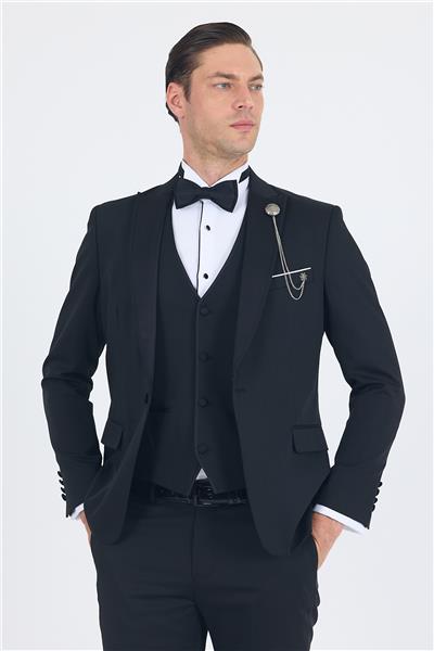 Siyah Kılıç Yaka Tek Düğme Slim Fit Yelekli Ceremony Takım Elbise 1001250200