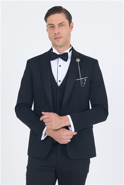 Siyah Kılıç Yaka Tek Düğme Slim Fit Yelekli Ceremony Takım Elbise 1001250200