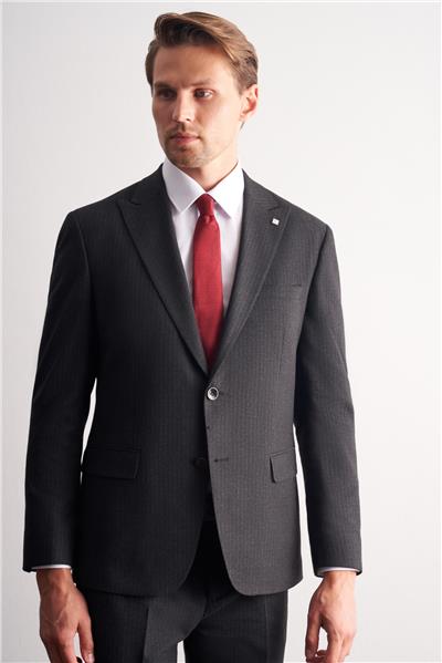 Siyah Kırlangıç Yaka Çizgili Desen Kruvaze Esnek 6 Drop Slim Fit Classic Takım Elbise 1001255165