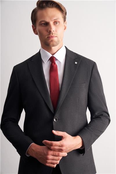 Siyah Kırlangıç Yaka Çizgili Desen Kruvaze Esnek 6 Drop Slim Fit Classic Takım Elbise 1001255165