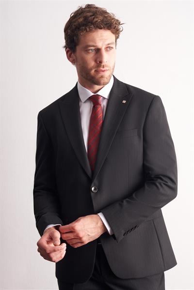 Siyah Kırlangıç Yaka Çizgili Desen Slim Fit 6 Drop Takım Elbise 1001255166