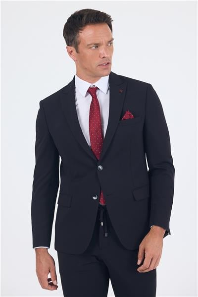Siyah Kırlangıç Yaka Örme Beli Lastikli 6 Drop Slim Fit Kelebek Astar Esnek Takım Elbise 1001250176