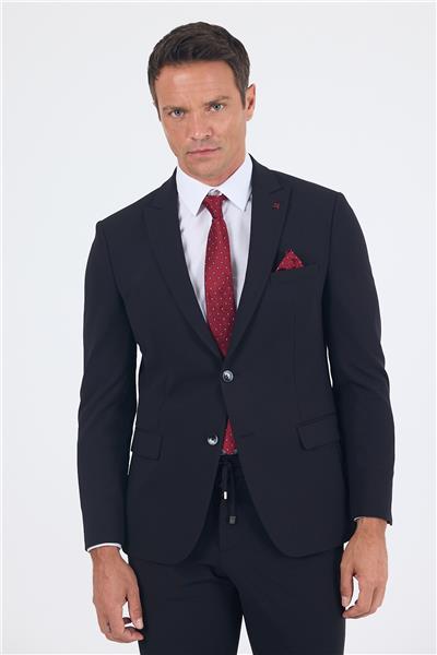 Siyah Kırlangıç Yaka Örme Beli Lastikli 6 Drop Slim Fit Kelebek Astar Esnek Takım Elbise 1001250176