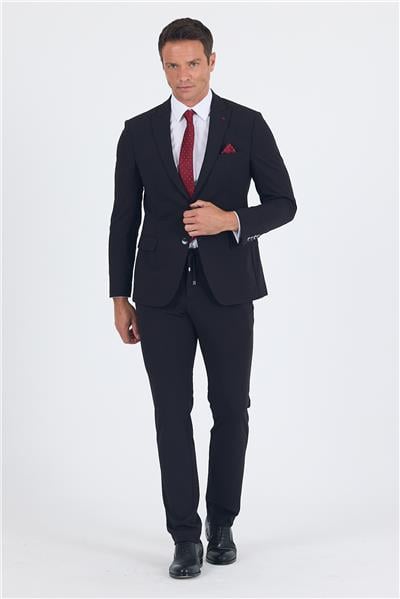 Siyah Kırlangıç Yaka Örme Beli Lastikli 6 Drop Slim Fit Kelebek Astar Esnek Takım Elbise 1001250176