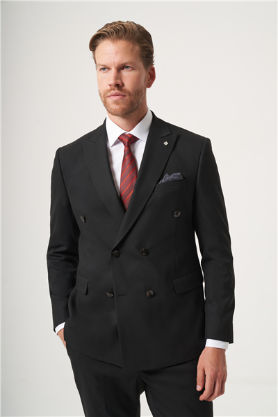 Siyah Kırlangıç Yaka Kruvaze 6 Drop Slim Fit Tam Astar Esnek Takım Elbise 1001260180
