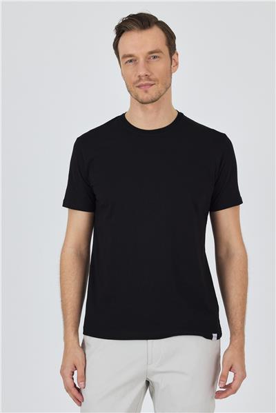 Siyah Kısa Kol Bisiklet Yaka Cepsiz Pamuk Casual Slim Fit Tişört 1011250158