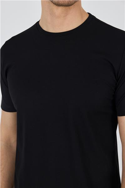 Siyah Kısa Kol Bisiklet Yaka Cepsiz Pamuklu Casual Slim Fit Tişört 1011250165