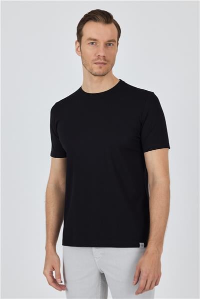 Siyah Kısa Kol Bisiklet Yaka Cepsiz Pamuklu Casual Slim Fit Tişört 1011250165