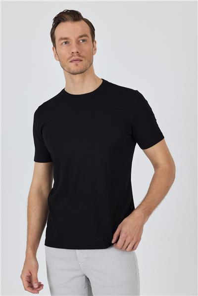 Siyah Kısa Kol Bisiklet Yaka Cepsiz Pamuklu Casual Slim Fit Tişört 1011250165