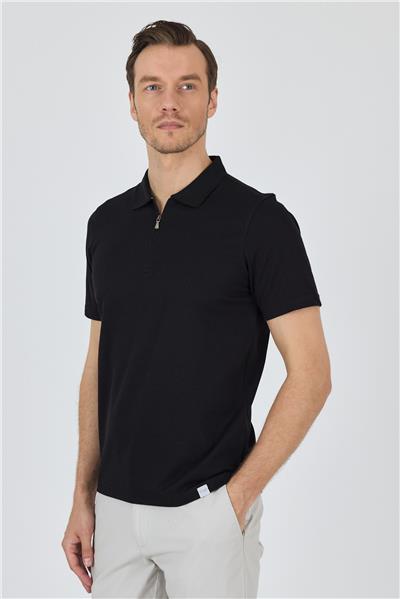 Siyah Kısa Kol Düz Suprem Polo Yaka Cepsiz Pamuklu Casual Slim Fit Tişört 1011250164