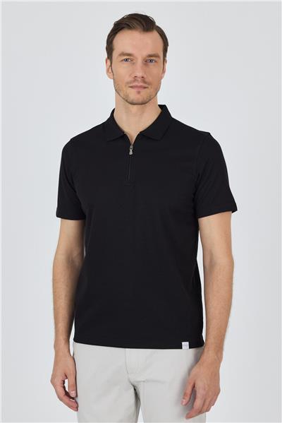 Siyah Kısa Kol Düz Suprem Polo Yaka Cepsiz Pamuklu Casual Slim Fit Tişört 1011250164