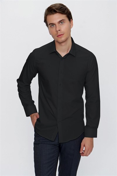 Siyah Klasik Yaka Uzun Kol Cepsiz Slim Fit Basic Pamuklu Gömlek 1004255057