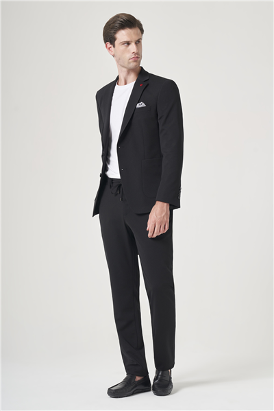 Siyah Mono Yaka 6 Drop Slim Fit Beli Lastikli Takım Elbise 1001260194