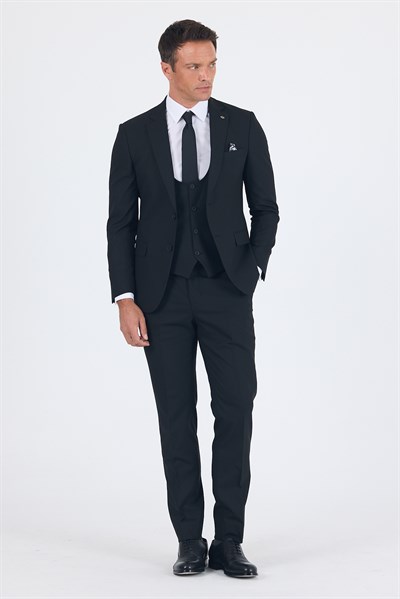 Siyah Mono Yaka Astarlı Çift Yırtmaç Esnek 6 Drop Slim Fit Basic Yelekli Takım Elbise 1001255186