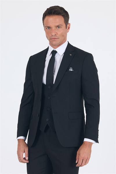 Siyah Mono Yaka Astarlı Çift Yırtmaç Esnek 6 Drop Slim Fit Basic Yelekli Takım Elbise 1001255186