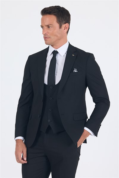 Siyah Mono Yaka Astarlı Çift Yırtmaç Esnek 6 Drop Slim Fit Basic Yelekli Takım Elbise 1001255186