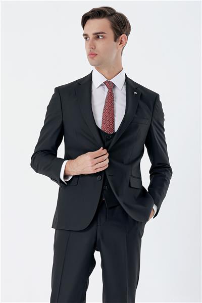 Siyah Mono Yaka Çift Yırtmaç Yelekli 6 Drop Slim Fit Dar Kesim Basic Takım Elbise 1001240186