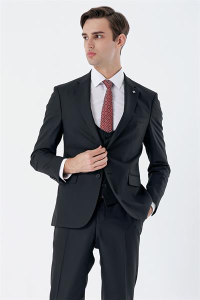 Siyah Mono Yaka Çift Yırtmaç Yelekli 6 Drop Slim Fit Dar Kesim Basic Takım Elbise 1001245186
