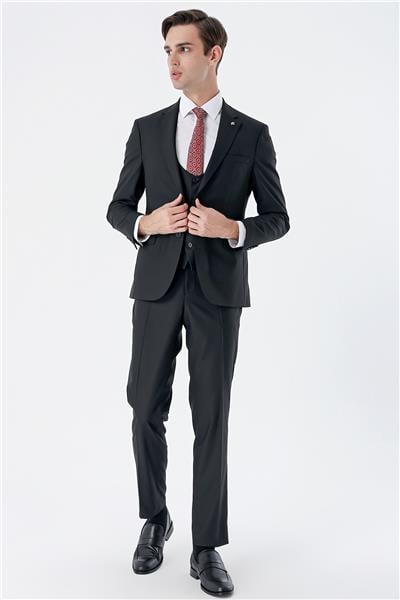 Siyah Mono Yaka Çift Yırtmaç Yelekli 6 Drop Slim Fit Dar Kesim Basic Takım Elbise 1001240186